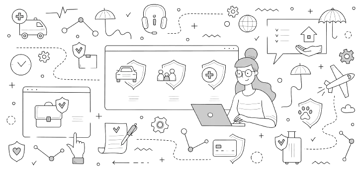 Line drawing of a person at a laptop surrounded by security shields