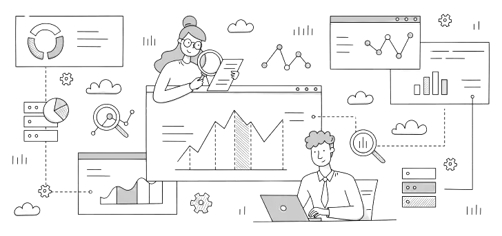 Line drawing of analysts reviewing charts and dashboards