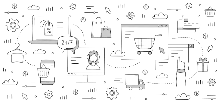 Line drawing of online shopping, payments, and delivery