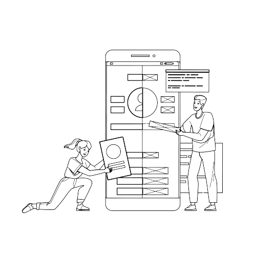 Line drawing of two people designing a mobile app screen